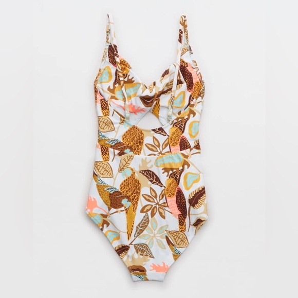 Aerie Twist Cut Out One Piece Swimsuit Bird Floral Leaf Design Size Medium - Picture 5 of 6